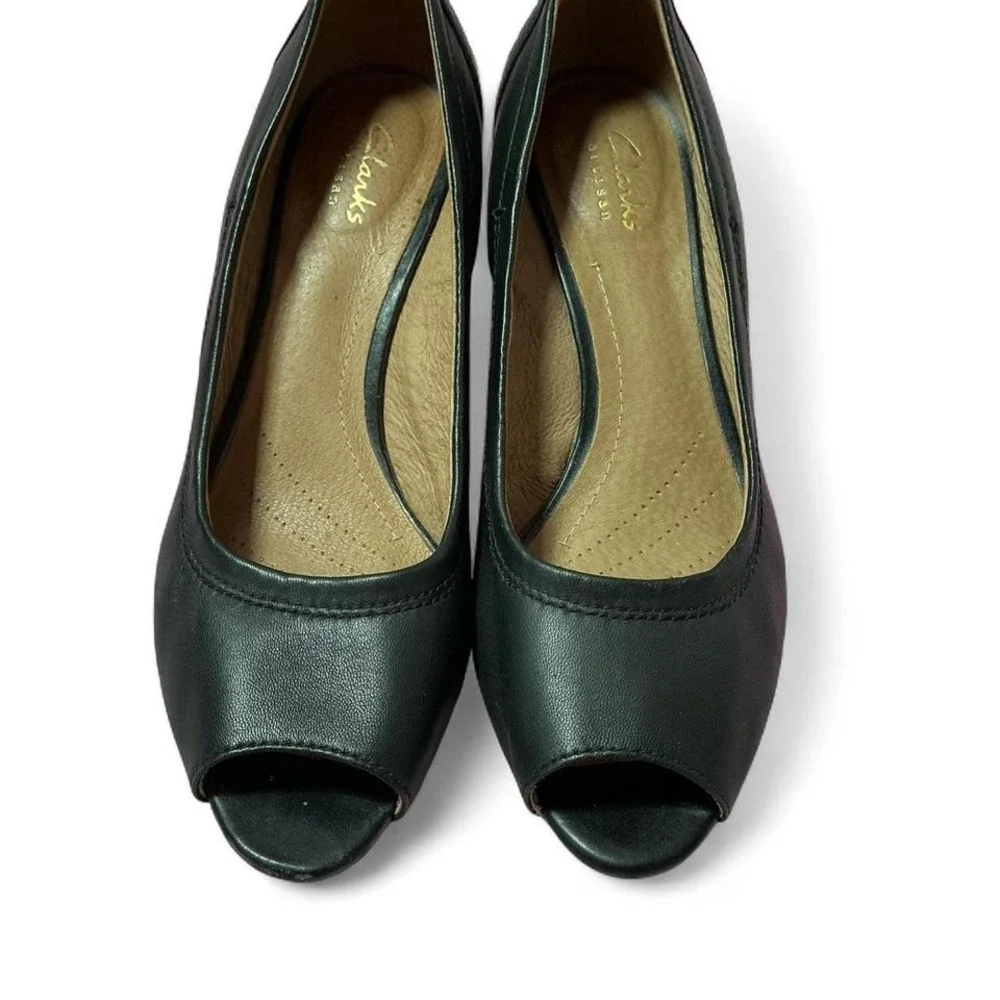 Clarks Artisan Black Leather Peep Toe Cork Wedge Heel Shoes‎